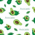 green avocado and avocado with bone and leaf on beige background with words